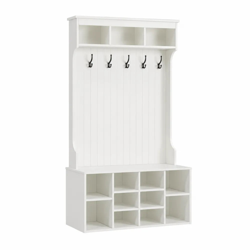 Mobile ingresso appendiabiti 100 cm x 30 cm x 180 cm in MDF bianco con ganci neri e cubi contenitori integrati