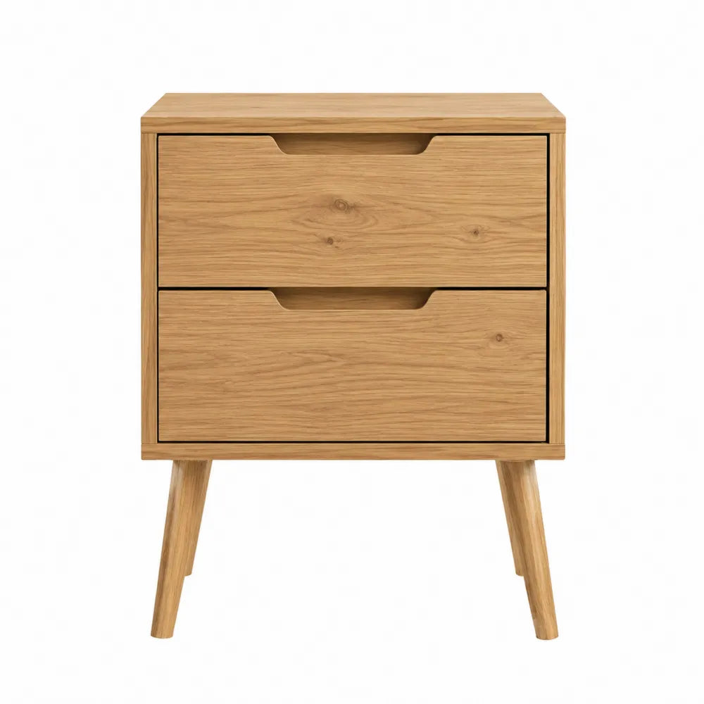Comodino rettangolare 45 x 40 x 50 cm in truciolare e MDF effetto rovere chiaro con 2 cassetti e gambe inclinate