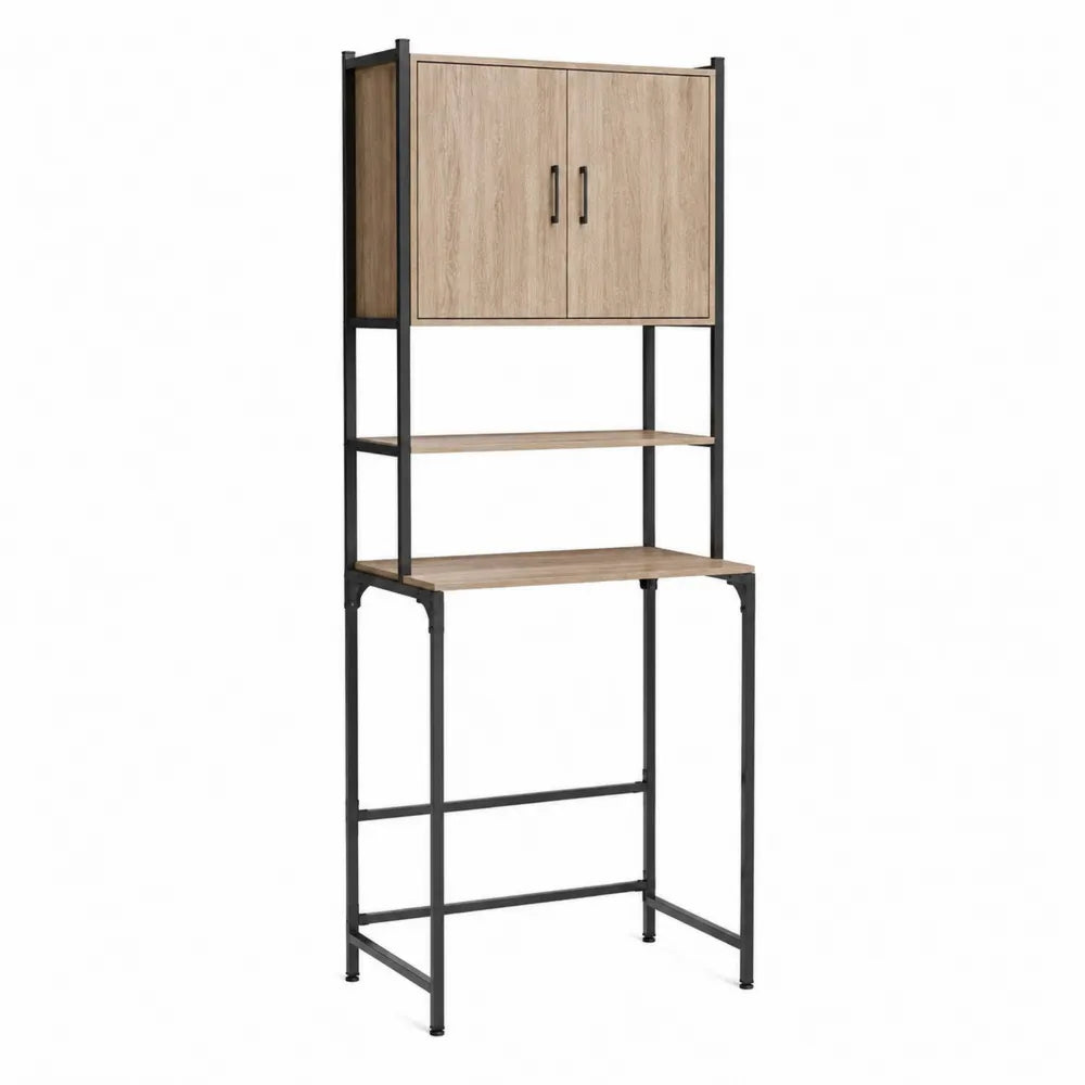 Scaffale contenitore alto rettangolare 80 cm x 40 cm x 190 cm in MDF effetto rovere e acciaio nero con armadio superiore e ripiani aperti
