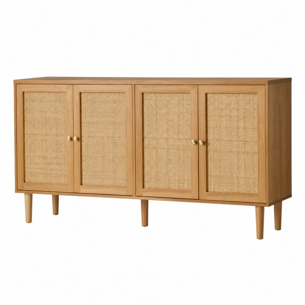 Credenza buffet rettangolare 160 cm x 40 cm x 80 cm in MDF impiallacciato rovere e rattan colore rovere naturale e beige con 4 ante