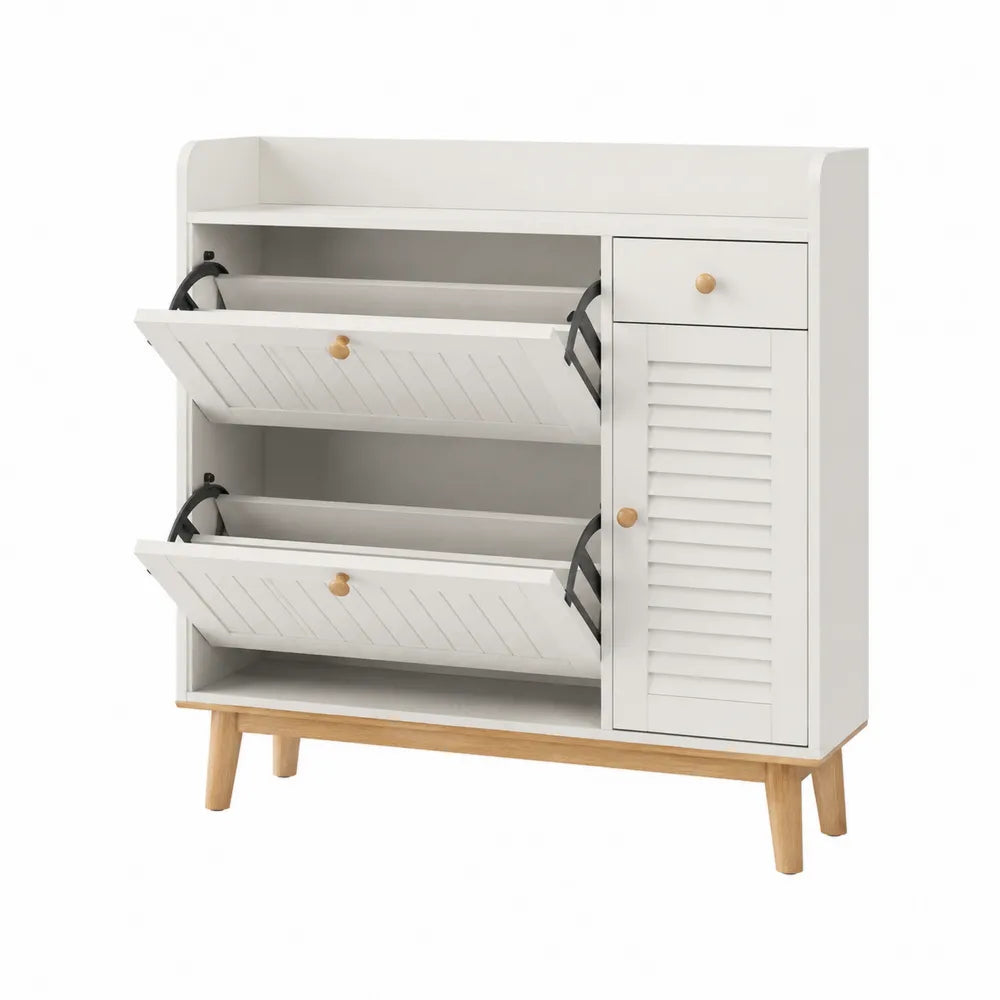 Scarpiera rettangolare con 2 ante ribaltabili vano laterale e cassetto in truciolare melaminico bianco e gambe effetto legno 90 x 30 x 100 cm