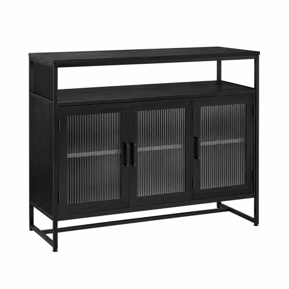 Credenza buffet 120 cm x 40 cm x 90 cm in MDF e acciaio nero con ante in vetro rigato a tre porte e struttura metallica industriale
