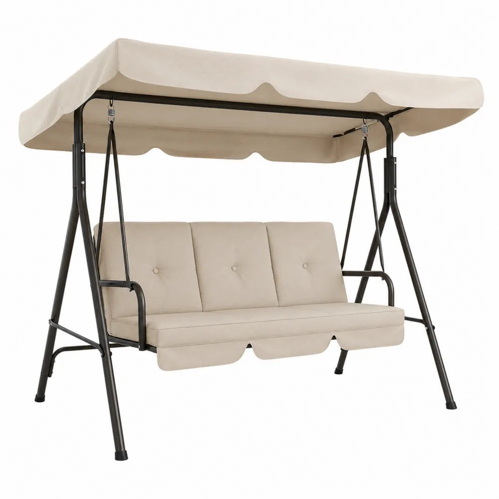Altalena da giardino con tettuccio seduta a tre posti acciaio verniciato nero tessuto poliestere beige 200 cm x 120 cm x 160 cm