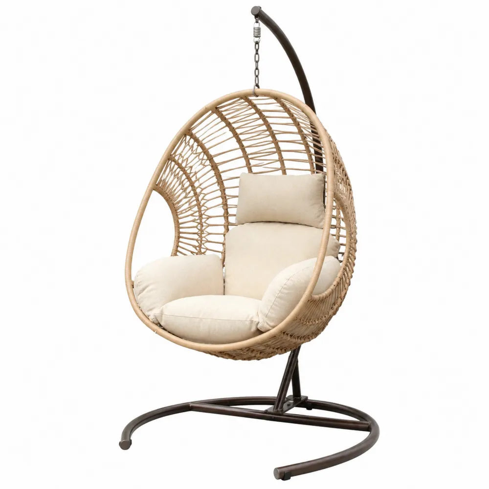 Sedia sospesa a uovo da esterno con supporto in acciaio marrone scuro e rattan sintetico PE naturale con cuscini beige 105 x 105 x 195 cm