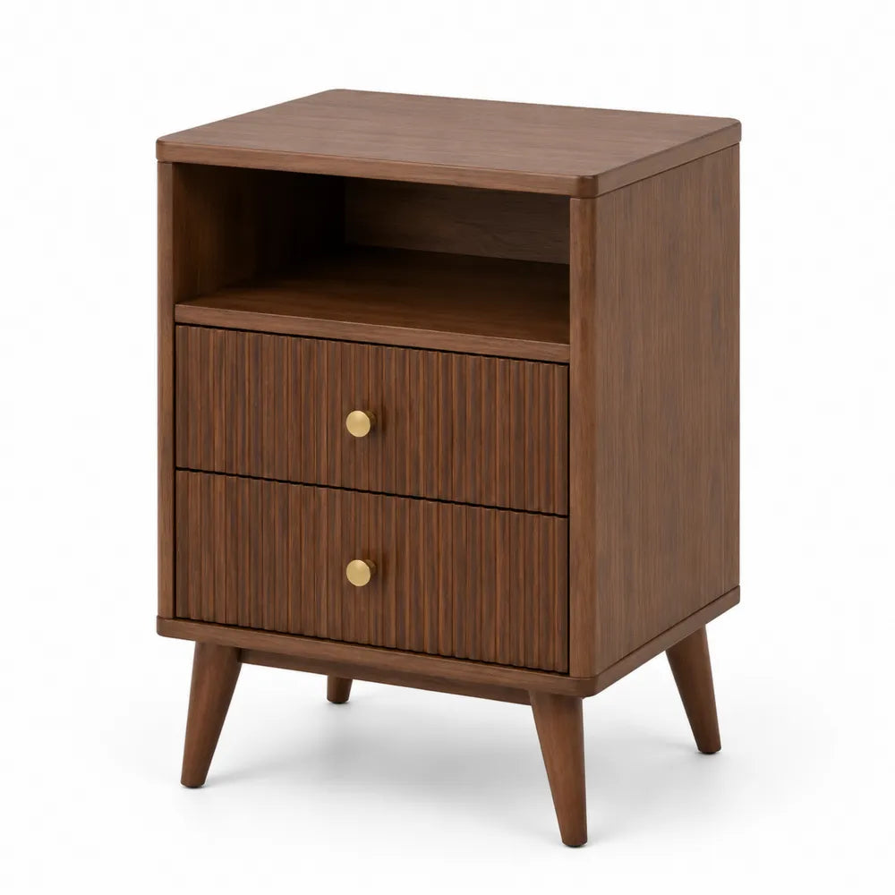 Comodino rettangolare 45 x 40 x 60 cm in truciolare e MDF effetto noce scuro con vano aperto 2 cassetti e maniglie ottone
