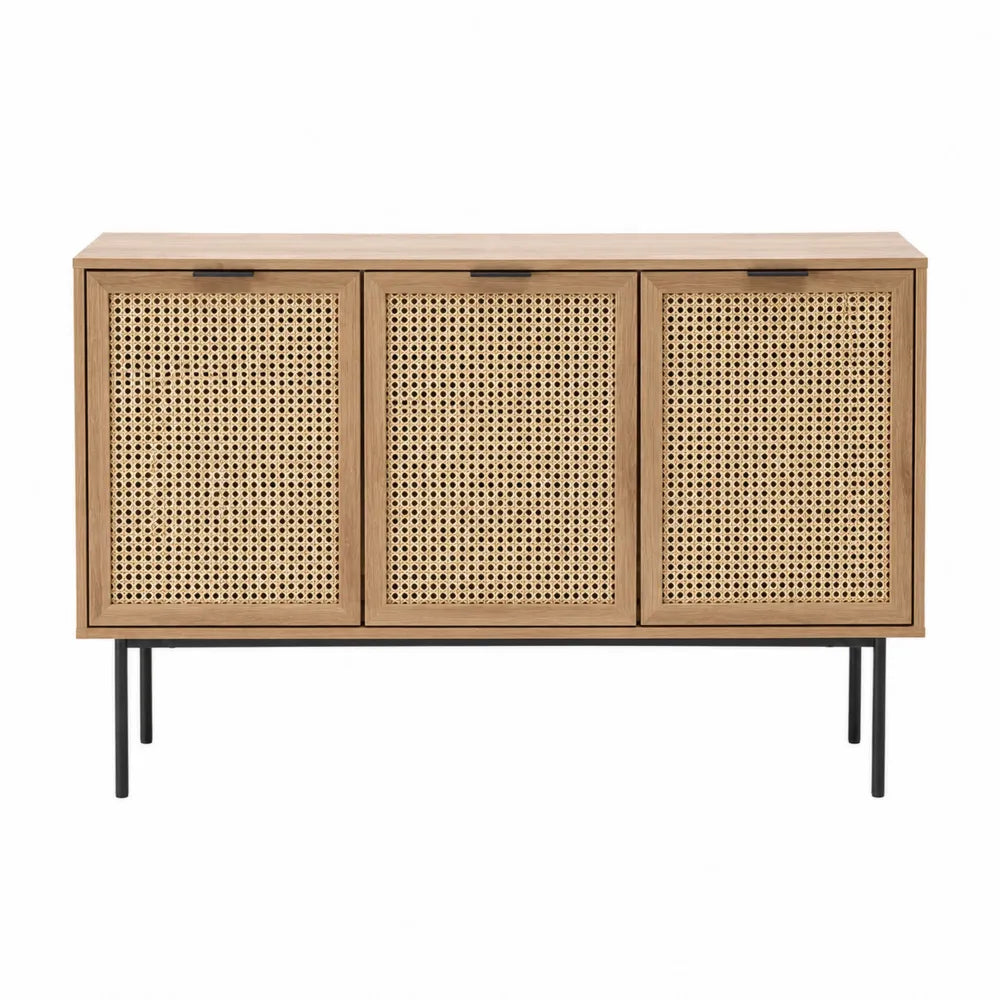 Credenza buffet rettangolare 120 cm x 40 cm x 80 cm in MDF effetto rovere con rattan naturale e gambe in acciaio nero