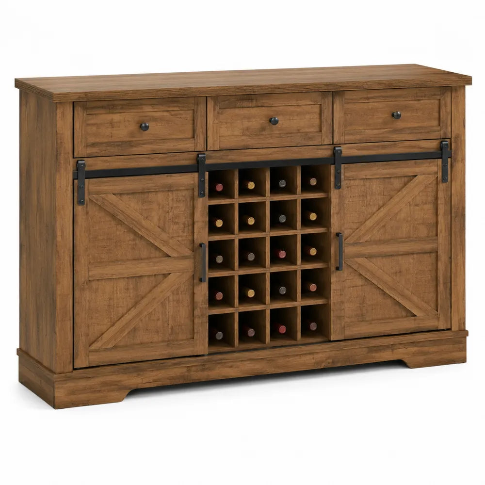 Credenza bar rettangolare 140 cm x 40 cm x 90 cm in MDF effetto rovere rustico con 3 cassetti 2 ante scorrevoli e portabottiglie