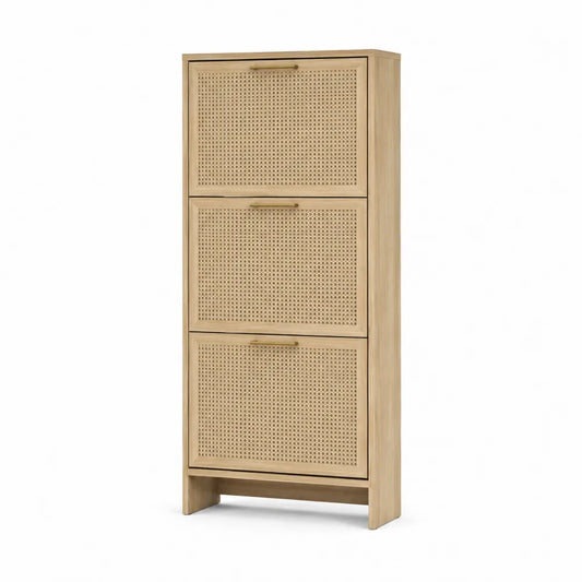 Mobile contenitore verticale 120 cm x 60 cm x 35 cm in MDF effetto legno chiaro con ante in rattan a tre scomparti e maniglie in metallo