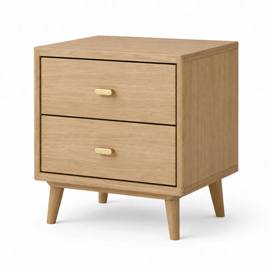 Comodino rettangolare 45 x 40 x 50 cm in truciolare e MDF effetto rovere chiaro con 2 cassetti e maniglie dorate