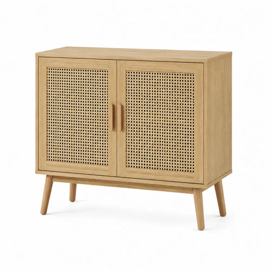 Credenza buffet 90 x 40 x 80 cm in MDF effetto rovere con 2 ante in rattan naturale e gambe in legno