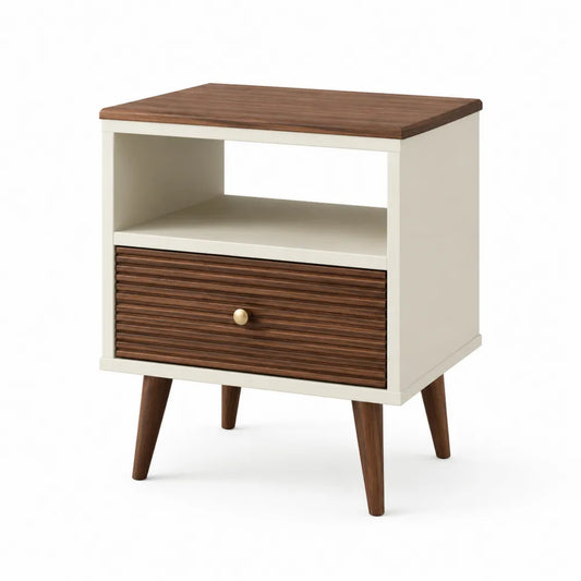 Comodino con cassetto e vano aperto in MDF finitura bianco e noce con gambe in legno 45 x 40 x 55 cm