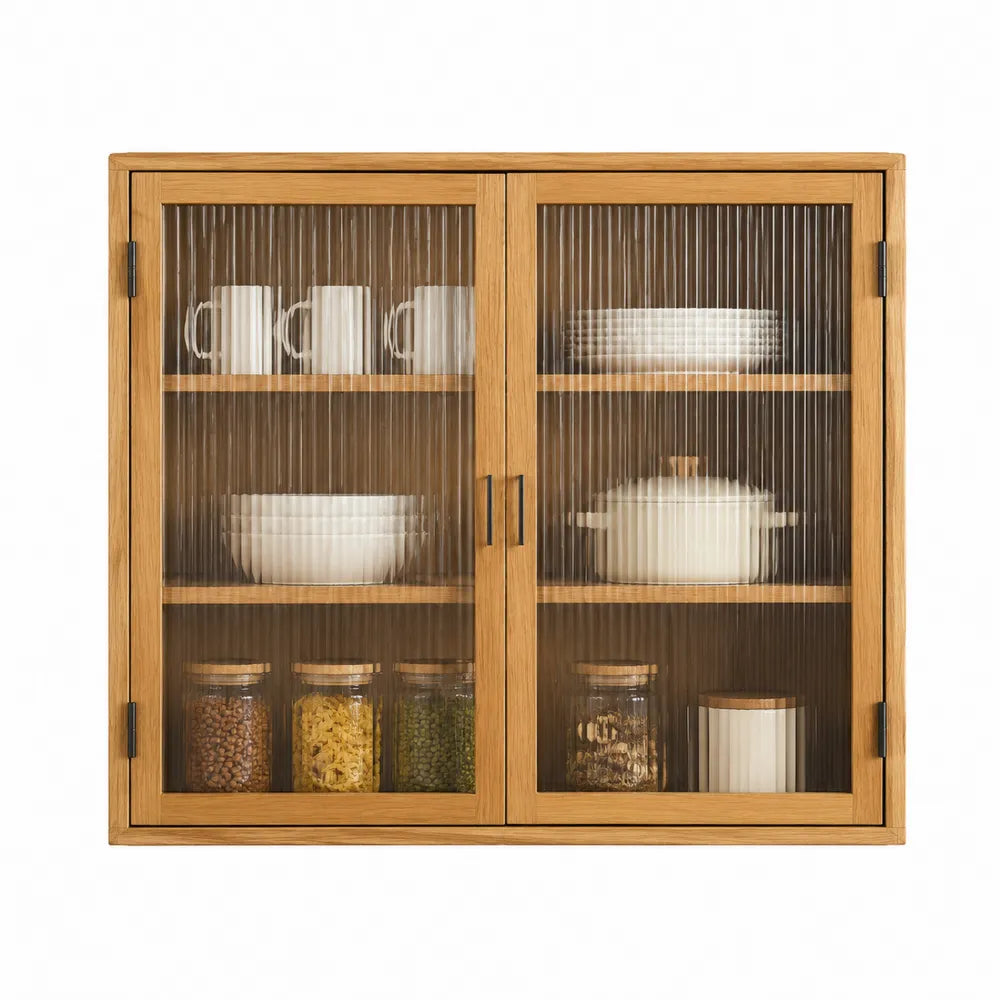 Credenza contenitore rettangolare 120 cm x 35 cm x 120 cm in MDF effetto rovere naturale con 2 ante in vetro scanalato