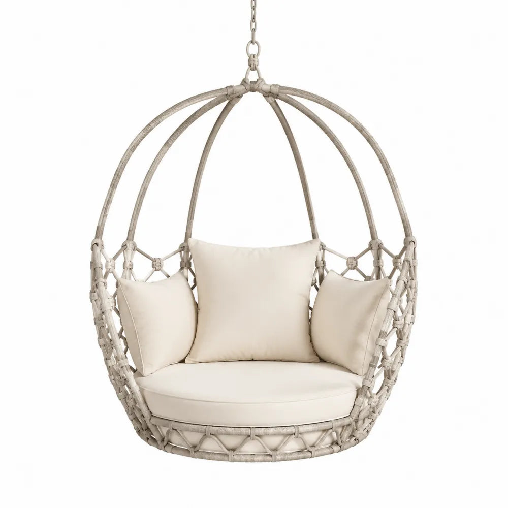 Sedia sospesa da esterno rattan sintetico PE beige con cuscini imbottiti struttura in acciaio e sospensione a catena 100 cm x 95 cm x 195 cm