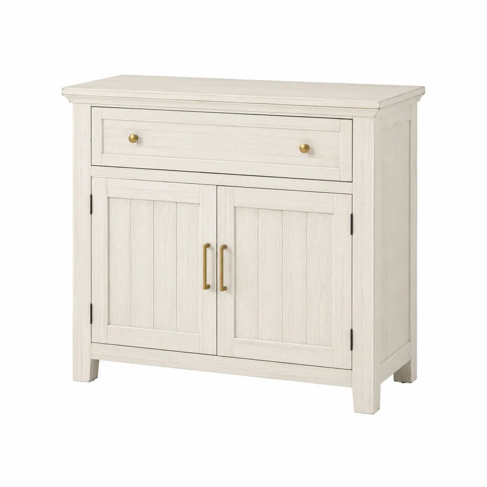 Credenza buffet 120 x 40 x 85 cm in MDF effetto rovere sbiancato con 1 cassetto 2 ante e maniglie oro