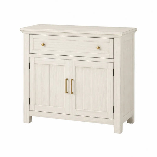 Credenza buffet 120 x 40 x 85 cm in MDF effetto rovere sbiancato con 1 cassetto 2 ante e maniglie oro