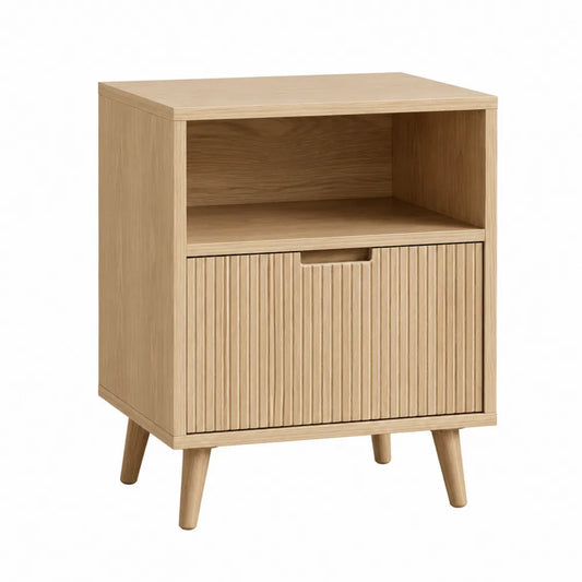 Comodino rettangolare 45 x 40 x 55 cm in MDF e truciolare effetto rovere chiaro con vano aperto e cassetto scanalato