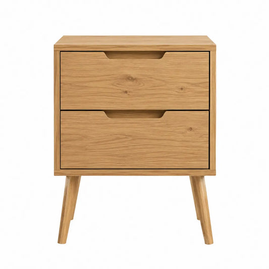 Comodino rettangolare 45 x 40 x 50 cm in truciolare e MDF effetto rovere chiaro con 2 cassetti e gambe inclinate