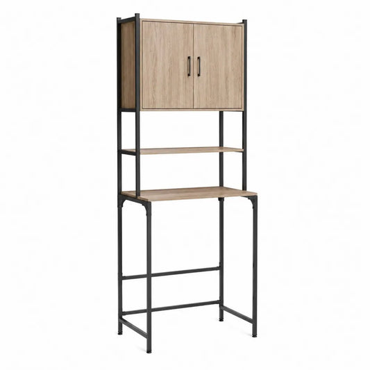 Scaffale contenitore alto rettangolare 80 cm x 40 cm x 190 cm in MDF effetto rovere e acciaio nero con armadio superiore e ripiani aperti