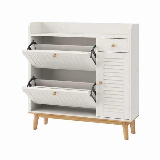 Scarpiera rettangolare con 2 ante ribaltabili vano laterale e cassetto in truciolare melaminico bianco e gambe effetto legno 90 x 30 x 100 cm
