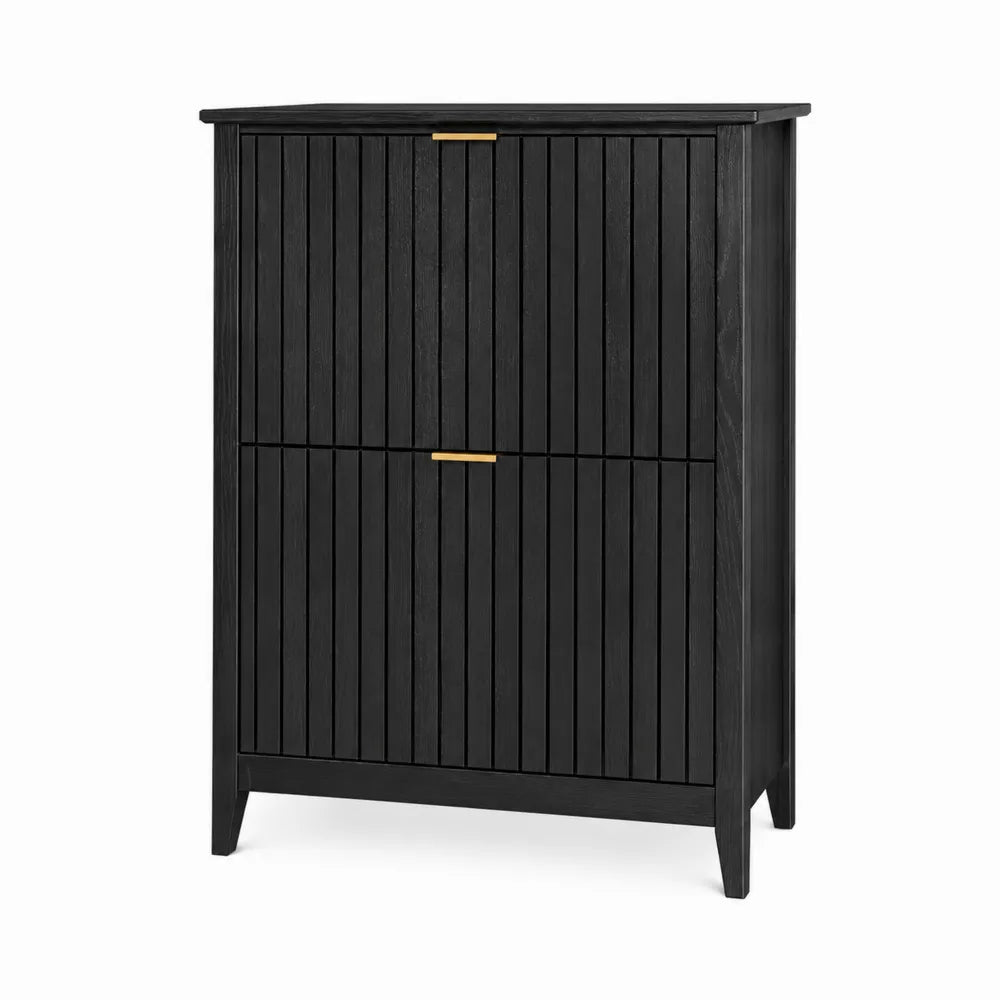 Armadio contenitore rettangolare 90 cm x 40 cm x 110 cm in MDF nero con frontali scanalati e maniglie dorate
