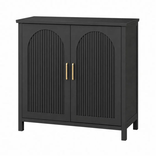 Credenza buffet 120 cm x 40 cm x 80 cm in MDF laccato nero con ante scanalate ad arco e maniglie in metallo dorato