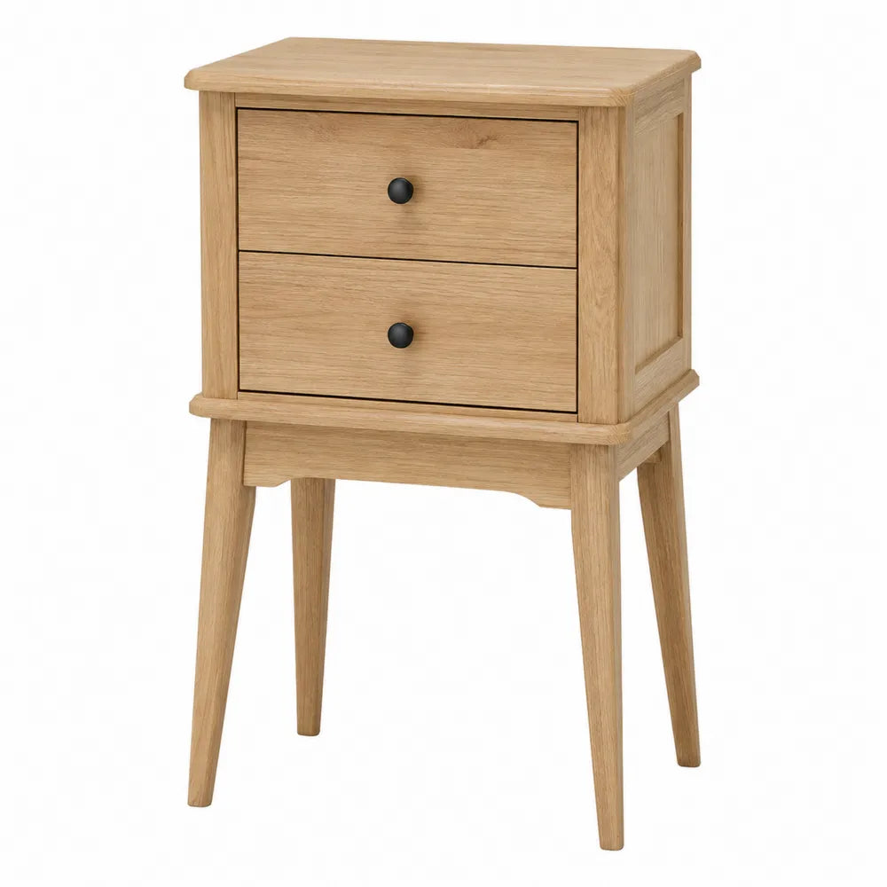 Comodino rettangolare 45 x 40 x 55 cm in MDF e truciolare effetto rovere chiaro con 2 cassetti maniglie nere e gambe inclinate