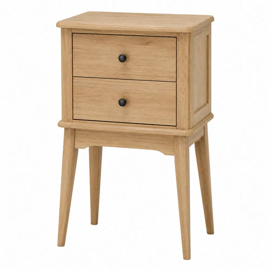 Comodino rettangolare 45 x 40 x 55 cm in MDF e truciolare effetto rovere chiaro con 2 cassetti maniglie nere e gambe inclinate