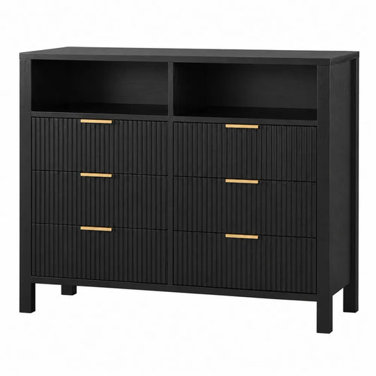 Credenza contenitore 120 cm x 40 cm x 85 cm in MDF nero con 6 cassetti scanalati e maniglie in metallo dorato e vani aperti superiori