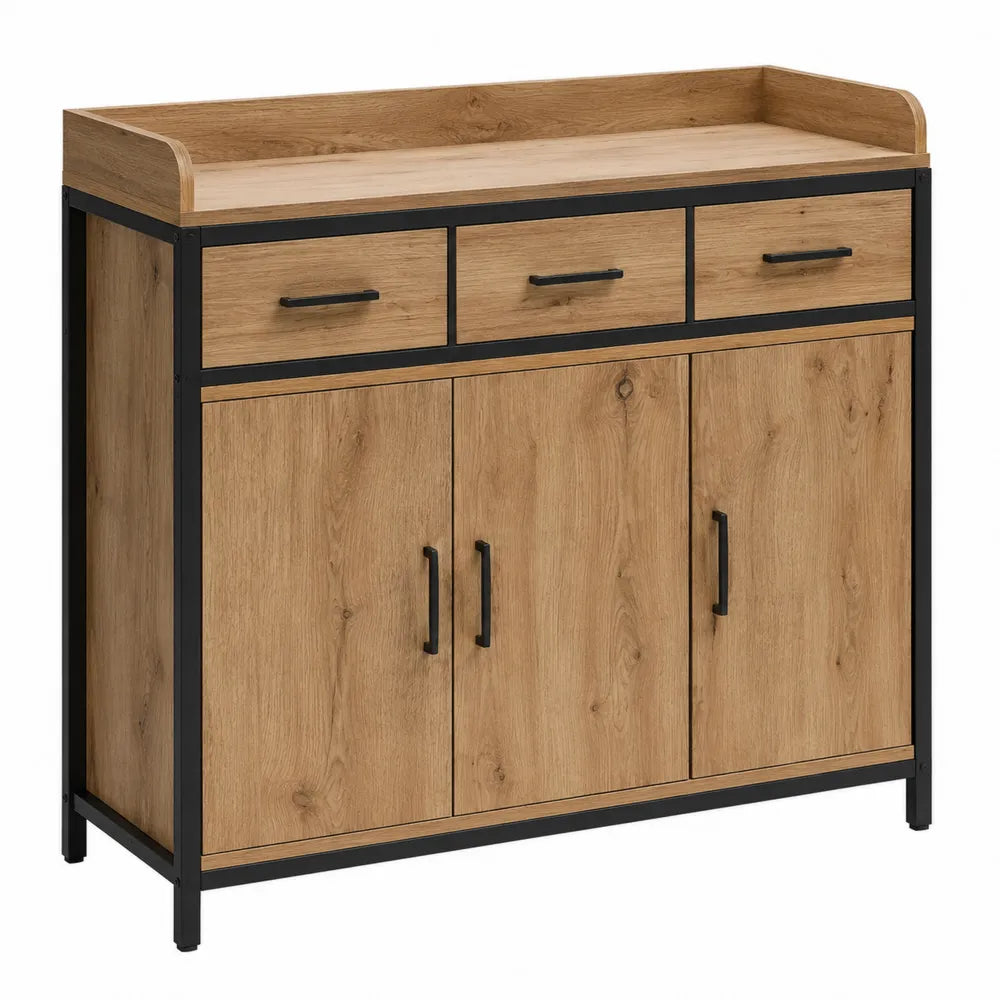 Credenza buffet rettangolare 140 cm x 40 cm x 85 cm in MDF effetto rovere e acciaio nero con 3 cassetti e 3 ante