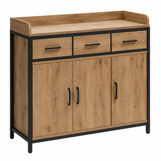 Credenza buffet rettangolare 140 cm x 40 cm x 85 cm in MDF effetto rovere e acciaio nero con 3 cassetti e 3 ante