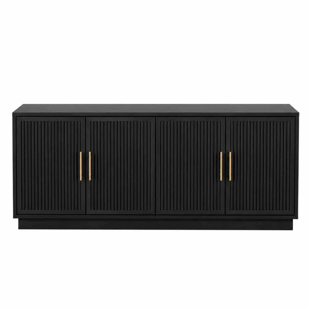 Credenza contenitore 160 cm x 40 cm x 75 cm in MDF nero con 4 ante a doghe verticali e maniglie in metallo dorato