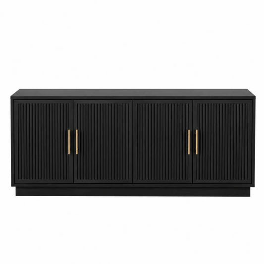 Credenza contenitore 160 cm x 40 cm x 75 cm in MDF nero con 4 ante a doghe verticali e maniglie in metallo dorato