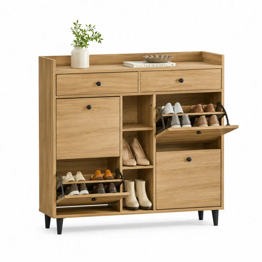 Scarpiera contenitore rettangolare con 2 cassetti e scomparti ribaltabili 100 x 30 x 110 cm in pannello truciolare effetto rovere naturale con dettagli neri