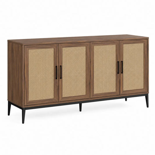 Credenza buffet 160 cm x 40 cm x 80 cm in MDF effetto noce con ante in rattan naturale e struttura in acciaio nero a quattro porte