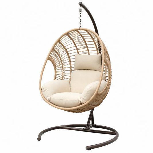 Sedia sospesa a uovo da esterno con supporto in acciaio marrone scuro e rattan sintetico PE naturale con cuscini beige 105 x 105 x 195 cm