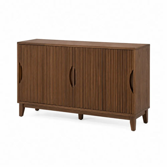 Credenza buffet rettangolare 160 cm x 40 cm x 85 cm in MDF effetto noce con frontali scanalati e 3 ante