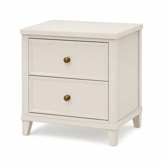 Comodino rettangolare 45 x 35 x 55 cm in MDF verniciato avorio con 2 cassetti e maniglie effetto ottone