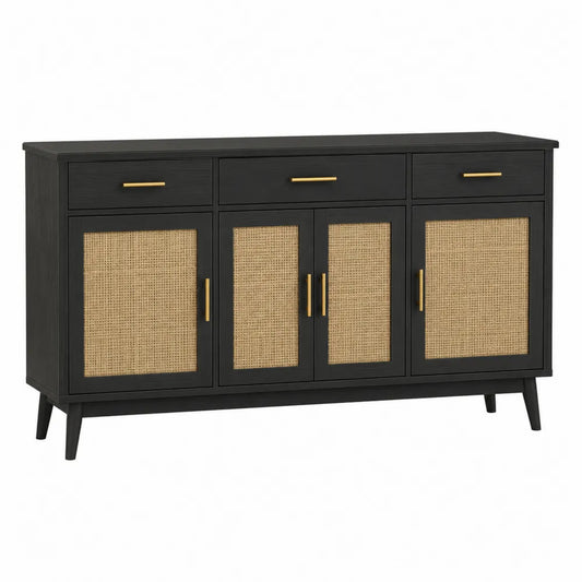 Credenza buffet rettangolare 160 cm x 40 cm x 80 cm in MDF nero e rattan naturale con 3 cassetti e 4 ante