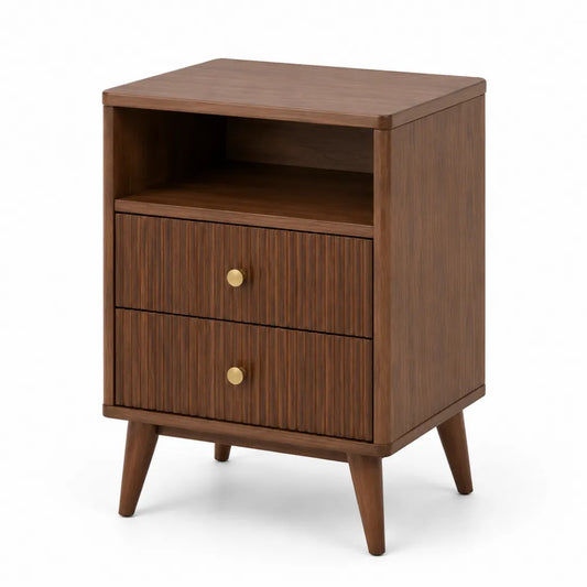 Comodino rettangolare 45 x 40 x 60 cm in truciolare e MDF effetto noce scuro con vano aperto 2 cassetti e maniglie ottone
