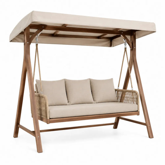 Altalena da giardino a 3 posti in legno massello di acacia con tettuccio e cuscini beige struttura A-frame 200 cm x 120 cm x 170 cm