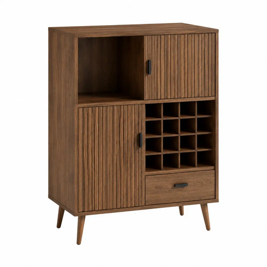 Credenza contenitore rettangolare 100 cm x 40 cm x 120 cm in MDF e truciolare effetto noce con portabottiglie 16 scomparti 2 ante e 1 cassetto