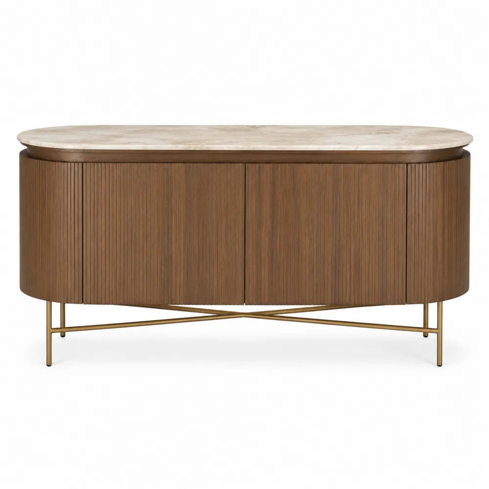 Credenza buffet ovale 160 cm x 42 cm x 80 cm in MDF impiallacciato noce con top effetto marmo e gambe in acciaio verniciato oro a quattro ante