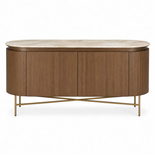 Credenza buffet ovale 160 cm x 42 cm x 80 cm in MDF impiallacciato noce con top effetto marmo e gambe in acciaio verniciato oro a quattro ante