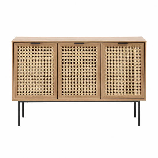 Credenza buffet rettangolare 120 cm x 40 cm x 80 cm in MDF effetto rovere con rattan naturale e gambe in acciaio nero