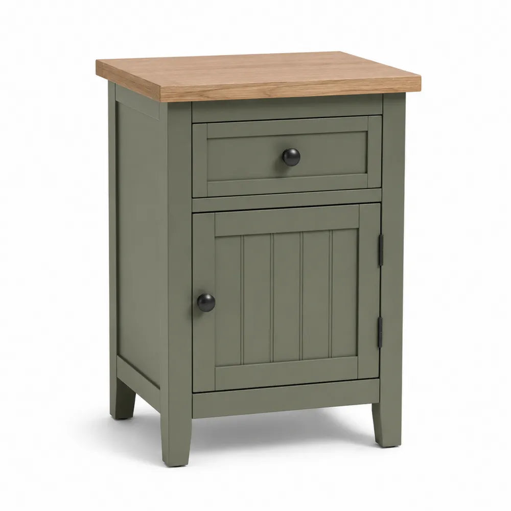 Comodino rettangolare 45 x 40 x 55 cm in MDF verde salvia e rovere chiaro con cassetto anta e maniglie nere