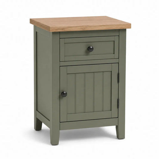 Comodino rettangolare 45 x 40 x 55 cm in MDF verde salvia e rovere chiaro con cassetto anta e maniglie nere
