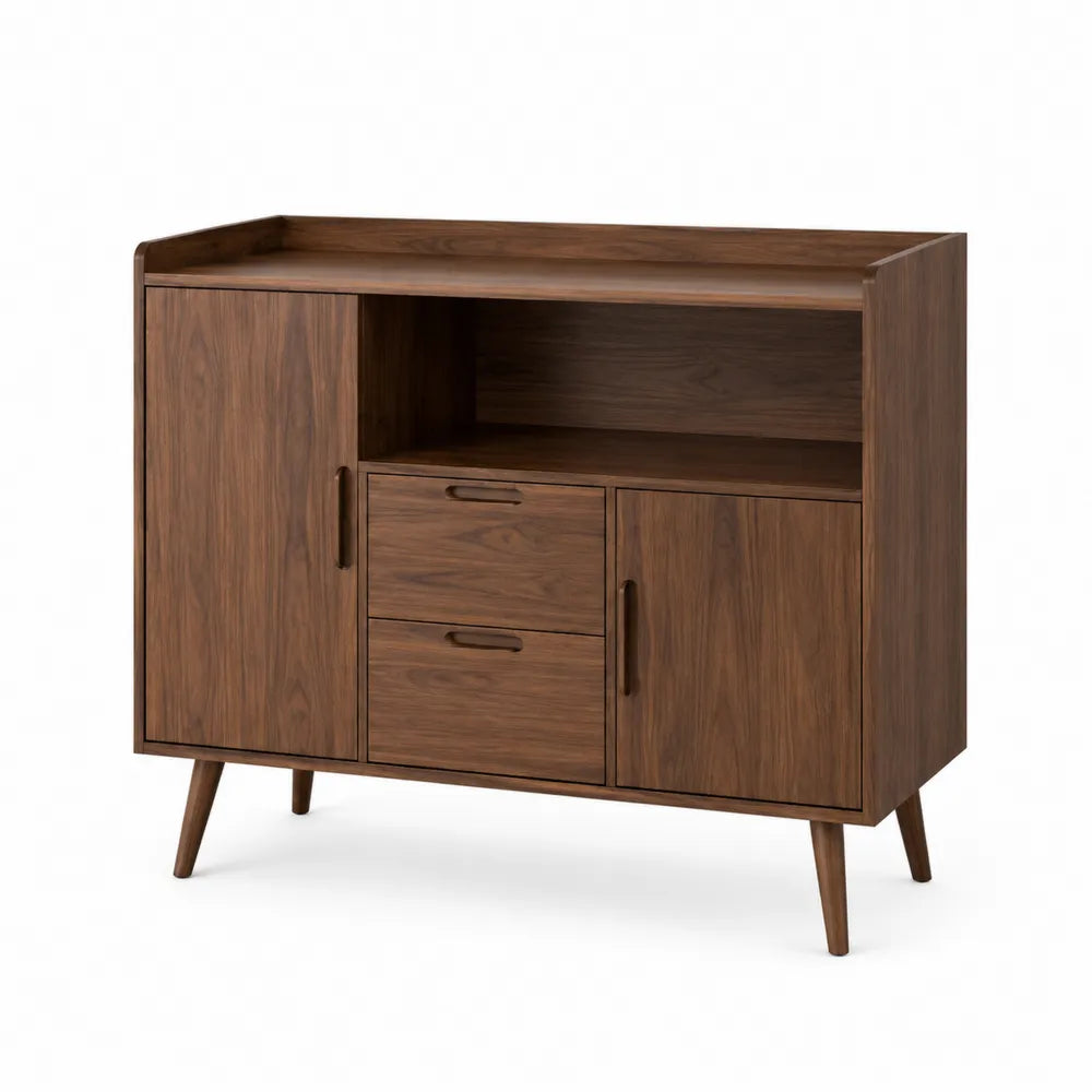 Credenza buffet rettangolare 120 cm x 40 cm x 90 cm in MDF effetto noce con vano aperto 2 ante e 2 cassetti