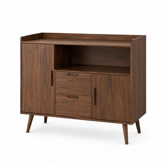 Credenza buffet rettangolare 120 cm x 40 cm x 90 cm in MDF effetto noce con vano aperto 2 ante e 2 cassetti